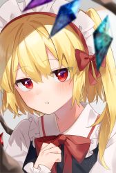 Rule 34 | 1girl, absurdres, black vest, blonde hair, blurry, blurry foreground, blush, bow, bowtie, clenched hand, collared shirt, crystal, flandre scarlet, frilled shirt collar, frills, grey background, hair bow, highres, looking at viewer, maid headdress, one side up, open mouth, parted lips, red bow, red bowtie, red eyes, shirt, solo, suikario, touhou, upper body, vest, white shirt, wings