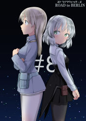 Rule 34 | 2girls, absurdres, aohashi ame, back-to-back, black dress, black legwear, blue eyes, blue jacket, closed mouth, commentary, copyright name, dress, eila ilmatar juutilainen, english text, green eyes, grey hair, highres, jacket, long hair, long sleeves, looking at another, looking back, multiple girls, no pants, pantyhose, pouch, sanya v. litvyak, short dress, short hair, standing, strike witches, white legwear, world witches series
