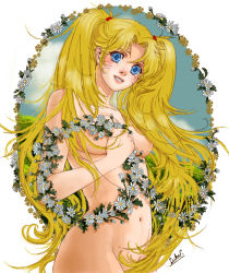 Rule 34 | 1girl, blonde hair, blue eyes, blush, breasts, censored, clover, collarbone, completely nude, convenient censoring, covering privates, covering breasts, daisy, facial mark, facing viewer, flower, flower wreath, genderswap, genderswap (mtf), hair censor, hair tie, hand up, happy, holding, holding flower, lips, lipstick, long hair, looking at viewer, luke uehara, makeup, medium breasts, naruko (naruto), naruto, naruto (series), navel, nude, nude cover, parted lips, signature, smile, solo, standing, teeth, twintails, uzumaki naruto, very long hair, whisker markings, whiskers, white background