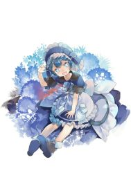 Rule 34 | 1boy, apron, blue eyes, blue hair, dress, field, flower, flower field, full body, hat, highres, made in abyss, maid, maid apron, maid headdress, maruruk, mushroom, pocket, puffy short sleeves, puffy sleeves, shiosoda, shoes, short hair, short sleeves, smile, source request, whistle, whistle around neck, white background