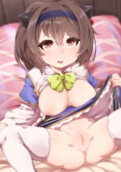Rule 34 | 1girl, anus, ass, bad id, bad pixiv id, blush, bow, breasts, brown eyes, brown hair, cameltoe, cleavage, cleft of venus, clothes lift, covered erect nipples, cross, draph, granblue fantasy, horns, inverted cross, inverted nipples, large breasts, m legs, monchan rev3, nipples, oppai loli, pussy, short hair, skirt, skirt lift, solo, spread legs, thighhighs, white thighhighs, yaia (granblue fantasy)