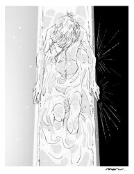 Rule 34 | 1other, antarcticite, bathtub, border, caustics, commentary, completely nude, from above, greyscale, highres, houseki no kuni, knees up, lililin, liquid, monochrome, nude, other focus, partially submerged, short hair, signature, sitting, solo, sparkle, wet