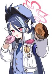 Rule 34 | 1girl, antenna hair, armband, badge, blue archive, blue hair, blue hat, blue necktie, blue vest, blush, bow, collared shirt, doughnut, eating, fami miminmin, food, fubuki (blue archive), grey hair, hair bow, hair ornament, halo, hat, heart, heart hair ornament, highres, holding, holding food, incoming food, jacket, long hair, long sleeves, looking at viewer, multicolored hair, necktie, open mouth, parted bangs, red eyes, shirt, solo, streaked hair, twintails, upper body, vest, walkie-talkie, white background, white bow, white jacket, white shirt