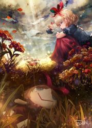 Rule 34 | 2girls, black shirt, blonde hair, blue eyes, cloud, cloudy sky, crossed arms, day, doll, dqn (dqnww), field, flower, flower field, flying, from below, from side, frown, grass, hair ribbon, hand on own elbow, hugging own legs, knees to chest, light particles, light rays, lily of the valley, looking at another, medicine melancholy, multiple girls, on ground, outdoors, petals, puffy short sleeves, puffy sleeves, red skirt, ribbon, shirt, short hair, short sleeves, signature, sitting, skirt, sky, su-san, sunbeam, sunlight, touhou, water drop, wind, wings