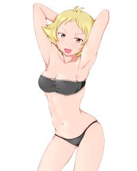 Rule 34 | 1girl, :d, armpits, arms behind head, arms up, bikini, black bikini, blonde hair, breasts, brown eyes, cleavage, cowboy shot, erwin (girls und panzer), girls und panzer, groin, looking at viewer, medium breasts, navel, open mouth, pointy hair, short hair, simple background, skindentation, smile, solo, standing, stomach, strapless, strapless bikini, swimsuit, tanaka rikimaru, white background
