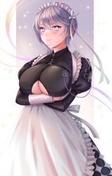 Rule 34 | 1girl, apron, azur lane, bellona (armed to clean) (azur lane), bellona (azur lane), black dress, breasts, chest belt, closed mouth, clothing cutout, commentary request, crossed arms, dress, earrings, frilled apron, frills, gloves, grey eyes, grey hair, hair between eyes, highres, jewelry, juliet sleeves, kemurikemu, large breasts, long dress, long sleeves, looking at viewer, maid, maid apron, maid headdress, official alternate costume, partial commentary, puffy sleeves, purple eyes, short hair, sidelocks, smile, solo, standing, underboob, underboob cutout, white apron, white gloves