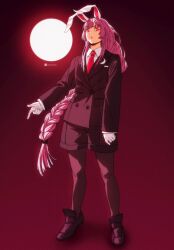 Rule 34 | 1girl, absurdres, alternate hairstyle, animal ears, black footwear, black jacket, blazer, braid, braided ponytail, collared shirt, commentary, full body, full moon, gloves, highres, jacket, long hair, long sleeves, looking at viewer, moon, necktie, rabbit ears, rabbit girl, red eyes, red necktie, reisen udongein inaba, shirt, solo, standing, touhou, ultragruntyy, white gloves, white shirt