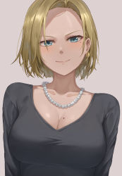 Rule 34 | 1girl, android 18, black shirt, blonde hair, blue eyes, blush, breasts, cleavage, closed mouth, collarbone, commentary, dragon ball, dragonball z, earrings, highres, jewelry, large breasts, looking at viewer, mole, mole on breast, mole under eye, necklace, pearl necklace, shirt, short hair, simple background, smile, solo, t-shirt, taut clothes, taut shirt, upper body, yj (yojo san)