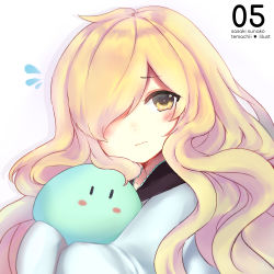 Rule 34 | 1girl, absurdres, animal, artist name, blonde hair, blush, character name, child, commentary request, creature, hair over one eye, highres, holding, holding animal, long hair, long sleeves, looking at viewer, nervous, original, portrait, shadow, shirt, simple background, sleeves past wrists, temachii, upper body, wavy mouth, white background, white shirt, yellow eyes