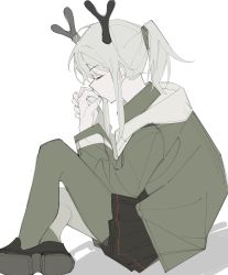 Rule 34 | 1girl, absurdres, antlers, arknights, black footwear, black skirt, closed eyes, firewatch (arknights), from side, green jacket, green pantyhose, grey hair, hands up, highres, horns, jacket, knee up, lihuashuangxiang, own hands together, pantyhose, pleated skirt, ponytail, profile, shadow, shoe soles, shoes, simple background, sitting, skirt, solo, white background
