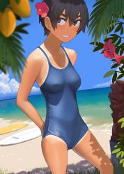 Rule 34 | 1girl, absurdres, arms behind back, beach, black hair, blush, breasts, brown eyes, commentary, competition swimsuit, covered erect nipples, dark skin, flower, grin, hair between eyes, hair flower, hair ornament, highres, kuronami (lvi), looking at viewer, lvi, medium breasts, one-piece swimsuit, one-piece tan, original, sand, short hair, smile, solo, standing, surfboard, swimsuit, tan, tanline, tomboy