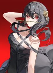 Rule 34 | 1girl, absurdres, arm up, black dress, black gloves, black hair, breasts, cleavage, dagger, dress, fenglansishui, gloves, gold hairband, gradient background, hairband, highres, knife, looking at viewer, medium breasts, mouth hold, red background, red eyes, solo, spy x family, stiletto (weapon), weapon, yor briar