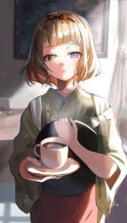 Rule 34 | 1girl, bad id, bad pixiv id, blonde hair, blurry, blurry background, bob cut, cafe, coffee, cowboy shot, cup, giving, green kimono, heterochromia, highres, holding, holding cup, japanese clothes, kimono, looking at viewer, original, painting (object), red kimono, solo, standing, sunlight, table, yukimaru nun
