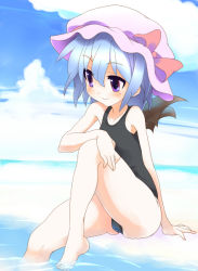 Rule 34 | 1girl, ass, barefoot, beach, female focus, gradient background, hat, ocean, one-piece swimsuit, outdoors, remilia scarlet, sitting, sky, soaking feet, solo, sora to umi, swimsuit, touhou, water, wings
