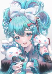 Rule 34 | &gt; &lt;, &gt; o, 1girl, :3, :d, aqua eyes, aqua hair, aqua nails, aqua necktie, arm tattoo, bare shoulders, black sleeves, blush, bow, cinnamiku, cinnamoroll, collared shirt, commentary request, detached sleeves, ear bow, eyelashes, fingernails, frilled shirt, frilled shirt collar, frilled sleeves, frills, grey shirt, hair between eyes, hair bow, hair ornament, hatsune miku, heart, heart hair ornament, highres, light particles, long hair, long sleeves, looking at viewer, nail polish, necktie, number tattoo, one eye closed, open mouth, rabbit, red bow, sanrio, shirt, sidelocks, sleeveless, sleeveless shirt, smile, tattoo, tie clip, tied ears, updo, upper body, vocaloid, white background, white bow, wide sleeves, wing collar, yuubarish