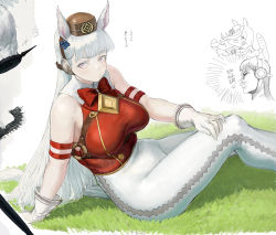 Rule 34 | 1girl, absurdres, animal ears, blunt bangs, bow, breasts, feet out of frame, gloves, gold ship (umamusume), grass, grey hair, highres, horse ears, horse girl, large breasts, long hair, pants, pantyhose, pillbox hat, purple eyes, red bow, red shirt, shadow, shirt, sleeveless, sleeveless shirt, solo, tyawantyawan356, umamusume, white gloves, white pants, white pantyhose