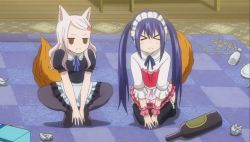 Rule 34 | &gt; &lt;, 2girls, animal ears, animated, animated gif, apron, black legwear, blue hair, blush, cat ears, charle (fairy tail), fairy tail, kneeling, maid, maid headdress, maid, multiple girls, pantyhose, personification, screencap, squatting, tail, tail wagging, thighhighs, twintails, waist apron, wendy marvell, wrist cuffs