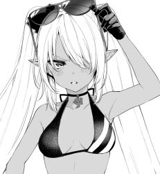 Rule 34 | 1girl, adjusting eyewear, bikini, blue archive, blush, choker, commentary request, dark-skinned female, dark skin, eyewear on head, gloves, greyscale, hair over one eye, iori (blue archive), iori (swimsuit) (blue archive), long hair, looking at viewer, miyoshi (triple luck), monochrome, parted lips, pointy ears, simple background, solo, sunglasses, swimsuit, twintails, upper body, white background