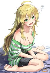 Rule 34 | 1girl, :o, ahoge, bad id, bad twitter id, bare legs, barefoot, bed sheet, blonde hair, blush, breasts, cleavage, collarbone, drooling, green eyes, haruki (haruki678), highres, hoshii miki, idolmaster, idolmaster (classic), large breasts, long hair, looking at viewer, loose clothes, loose shirt, off-shoulder shirt, off shoulder, own hands together, saliva, shirt, sitting, sleepy, solo, striped clothes, striped shirt, tears, very long hair, wariza