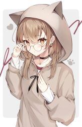 Rule 34 | 1girl, adjusting eyewear, animal hood, berry, black choker, brown eyes, brown hair, brown hoodie, choker, earrings, ears through headwear, food-themed earrings, glasses, heart, highres, hololive, hololive english, hood, hood up, hoodie, jewelry, long hair, looking at viewer, multicolored hair, nanashi mumei, nanashi mumei (casual), necklace, noroi (noroi 03), official alternate costume, oversized clothes, paw print, red shirt, round eyewear, runes, shirt, simple background, sleeves past wrists, streaked hair, sweater, virtual youtuber, white sweater