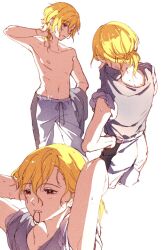 Rule 34 | 1boy, androgynous, black tank top, blonde hair, ensemble stars!, grey pants, hair tie in mouth, hand in own hair, hand on own hip, houdi nguyen, male focus, mouth hold, nito nazuna, pants, pink eyes, short hair, short ponytail, short sleeves, signature, solo, tank top, topless male