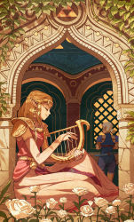 Rule 34 | 2girls, absurdres, ass, blonde hair, dress, earrings, elbow gloves, closed eyes, flower, gloves, green hair, harp, highres, impa, instrument, jewelry, kevin hong, multiple girls, music, nintendo, pink dress, plant, playing instrument, pointy ears, princess zelda, sitting, smile, the legend of zelda, the legend of zelda: ocarina of time, triforce, window