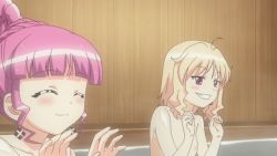 Rule 34 | 2girls, agnes boulange, ahoge, animated, animated gif, bare shoulders, bath, blonde hair, blunt bangs, blush, body blush, breasts, closed eyes, collarbone, earrings, female focus, grin, indoors, jewelry, minette, multiple girls, nipples, pink hair, red eyes, same-sex bathing, screencap, shared bathing, shiny skin, short hair, shukufuku no campanella, small breasts, smile, topless, upper body, water