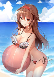 Rule 34 | 1girl, ahoge, ball, bare arms, bare shoulders, beachball, bikini, black bikini, blue sky, blush, bow, bow bikini, breast rest, breasts, brown eyes, brown hair, cleavage, closed mouth, cloud, cloudy sky, collarbone, commentary request, day, frilled bikini, frilled bikini top, frills, groin, hair between eyes, hair flaps, hairband, holding, holding ball, horizon, kantai collection, large breasts, long hair, looking away, mismatched bikini, navel, ocean, outdoors, red bikini, red hairband, remodel (kantai collection), shiratsuyu (kancolle), side-tie bikini bottom, sky, smile, solo, standing, swimsuit, transparent, very long hair, water, yuxian youka