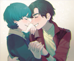 Rule 34 | 2boys, arm around back, artist logo, black hair, blue sweater, blurry, blush, chromatic aberration, closed eyes, collared shirt, couple, face-to-face, facing another, from side, green sleeves, grey background, grin, gundam, gundam zz, hair behind ear, hand on another&#039;s back, hand on another&#039;s shoulder, happy, holding hands, jacket, judau ashta, kamille bidan, long sleeves, male focus, multiple boys, noses touching, open clothes, open jacket, raglan sleeves, red jacket, shirt, short hair, simple background, smile, sweater, thick eyebrows, upper body, ususio 11, wristband, yaoi, yellow shirt