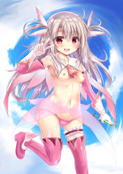 Rule 34 | 1girl, :d, armpits, blue sky, blush, boots, breasts, bridal garter, brown hair, cameltoe, cloud, cloudy sky, collarbone, commentary request, day, detached sleeves, earrings, elbow gloves, eyes visible through hair, fang, fate/kaleid liner prisma illya, fate (series), feather hair ornament, feathers, glint, gloves, hair between eyes, hair ornament, highres, holding, holding syringe, illyasviel von einzbern, jewelry, long hair, long sleeves, looking at viewer, nipples, open mouth, outdoors, panties, pink feathers, pink footwear, pink panties, pink sleeves, pink thighhighs, prisma illya, red eyes, see-through, shaian, side-tie panties, sky, small breasts, smile, solo, standing, standing on one leg, syringe, thigh boots, thighhighs, two side up, underwear, v, very long hair, white gloves
