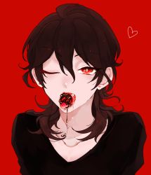 Rule 34 | 10s, 1boy, biting, bright pupils, brown hair, chocolate, collarbone, earrings, ensemble stars!, fangs, food, fruit, heart, highres, jewelry, looking at viewer, male focus, one eye closed, red background, red eyes, sakuma rei (ensemble stars!), simple background, solo, strawberry, sya 0522, wavy hair