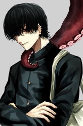 Rule 34 | 1boy, bag, black eyes, black hair, black jacket, chainsaw man, crossed arms, ear piercing, earrings, grey background, highres, hoshi san 3, jacket, jewelry, looking at viewer, male focus, mole, mole under mouth, parted lips, piercing, shoulder bag, simple background, smile, solo, tentacles, yoshida hirofumi
