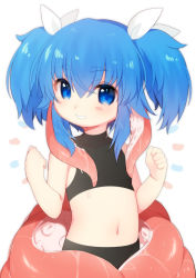 Rule 34 | 1girl, blue eyes, blue hair, borrowed character, female focus, flat chest, grin, midriff, mofuaki, monster girl, navel, nyame (coco ankou), original, smile, solo, tentacles