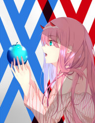 Rule 34 | 1girl, aqua eyes, bare shoulders, blue apple, cardigan, darling in the franxx, food, fruit, hair between eyes, holding, holding food, holding fruit, horns, long hair, looking away, open mouth, pink hair, profile, simple background, solo, teeth, upper body, upper teeth only, white cardigan, xi ying, zero two (darling in the franxx)