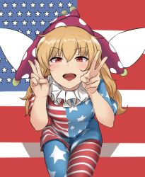 Rule 34 | 1girl, american flag, american flag dress, american flag legwear, blonde hair, clownpiece, double v, dress, fairy wings, hat, jester cap, kachobi (user atuh5854), long hair, looking at viewer, neck ruff, open mouth, pantyhose, polka dot, purple hat, red eyes, short sleeves, smile, solo, star (symbol), star print, striped, touhou, v, wings