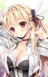 Rule 34 | 1girl, :/, alisa reinford, arm behind head, arms up, asymmetrical hair, blonde hair, blush, breasts, choker, cleavage, closed mouth, collarbone, commentary request, corset, cropped jacket, earrings, eiyuu densetsu, falcom, feather hair ornament, feathers, female focus, hair between eyes, hair ornament, hair ribbon, hair scrunchie, hairdressing, head tilt, jacket, jewelry, kibasuke, large breasts, long hair, long sleeves, looking at viewer, multicolored background, one side up, red eyes, revision, ribbon, scrunchie, sen no kiseki, shiny skin, side ponytail, solo, sparkle, upper body, very long hair, white feathers, white jacket, zipper