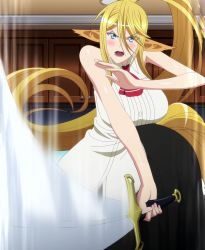 Rule 34 | 10s, 1girl, absurdres, blonde hair, blue eyes, blush, breasts, centaur, centorea shianus, highres, huge breasts, indoors, long hair, monster girl, monster musume no iru nichijou, open mouth, ponytail, screencap, solo, standing, stitched, sword, taur, third-party edit, weapon
