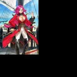 Rule 34 | 10s, 1girl, ahoge, belt, black footwear, blue eyes, boots, breasts, cleavage, corset, fate/extra, fate/grand order, fate (series), francis drake (fate), jacket, large breasts, lips, long hair, official art, pink hair, pirate, red jacket, scar, shirt, solo, thigh boots, thighhighs, wada arco, white shirt