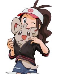 Rule 34 | 1girl, ;d, affectionate, animal, animal in clothes, antenna hair, baseball cap, brown hair, commentary request, creatures (company), elizabeth (tomas21), eyelashes, game freak, gen 5 pokemon, grey eyes, happy, hat, highres, hilda (pokemon), jacket, long hair, looking down, minccino, nintendo, one eye closed, open mouth, pokemon, pokemon (creature), pokemon bw, shorts, sidelocks, simple background, sleeves past elbows, smile, white background, white headwear, zipper pull tab
