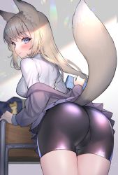 Rule 34 | 1girl, absurdres, animal ears, ass, ass focus, bent over, bike shorts, blonde hair, blue eyes, blush, breasts, cameltoe, fox ears, fox girl, fox tail, from behind, highres, hitowa, leaning forward, looking at viewer, looking back, original, skin tight, skirt, smile, solo, spandex, tail, thigh gap, thighs, turning head, upskirt