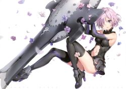 Rule 34 | 1girl, absurdres, anmi, armor, armored dress, bare shoulders, black thighhighs, boots, breasts, elbow gloves, fate/grand order, fate (series), flower, full body, gloves, hair over one eye, high heel boots, high heels, highres, holding, looking at viewer, mash kyrielight, medium breasts, navel, one eye covered, parted lips, petals, purple eyes, purple flower, purple hair, shield, short hair, simple background, smile, solo, thighhighs, white background