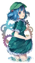 Rule 34 | 1girl, bad id, bad pixiv id, between legs, blue eyes, blue hair, blush, chishibuki hiyoko, clothes lift, dress, frilled skirt, frills, gears, hair bobbles, hair ornament, hat, highres, kawashiro nitori, lifted by self, looking at viewer, matching hair/eyes, open mouth, partially submerged, puffy short sleeves, puffy sleeves, ribbon, ripples, shirt, short hair, short sleeves, short twintails, skirt, skirt lift, skirt set, solo, standing, touhou, twintails, two side up, wading, water