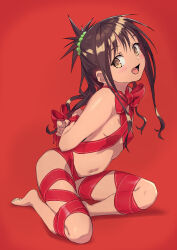 Rule 34 | 1girl, absurdres, arado balanga (xchd7538), arms behind back, barefoot, bdsm, blush, bondage, bound, bound arms, bound wrists, bow, box tie, breasts, brown eyes, brown hair, from above, full body, hair bobbles, hair ornament, highres, long hair, looking at viewer, looking to the side, naked ribbon, navel, open mouth, red background, red bow, red ribbon, restrained, revision, ribbon, ribbon bondage, shadow, simple background, sitting, small breasts, solo, to love-ru, to love-ru darkness, topknot, yuuki mikan