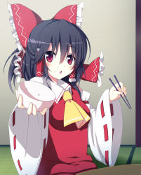 Rule 34 | 1girl, ascot, bad id, bad pixiv id, black hair, bow, bowl, chopsticks, detached sleeves, empty, female focus, food, food on face, hair bow, hair tubes, hakurei reimu, hungry, long hair, long sleeves, looking at viewer, open mouth, outstretched arm, red eyes, rice, shefu, shirt, skirt, skirt set, solo, tatami, touhou, wide sleeves