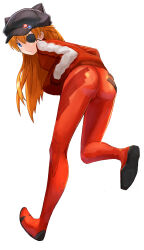 Rule 34 | 1girl, absurdres, artist request, ass, blue eyes, bodysuit, breasts, brown hair, evangelion: 3.0 you can (not) redo, eyepatch, full body, hands in pockets, hat, highres, jacket, long hair, looking at viewer, looking back, medium breasts, neon genesis evangelion, plugsuit, rebuild of evangelion, red bodysuit, shiny clothes, simple background, souryuu asuka langley, track jacket, tsundere, very long hair, walking, white background