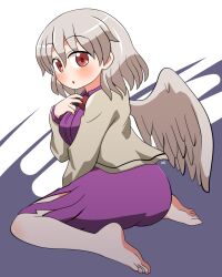 Rule 34 | 1girl, barefoot, blush, dress, feathered wings, feet, full body, grey hair, grey jacket, hair between eyes, highres, jacket, kishin sagume, long sleeves, open clothes, open jacket, parted lips, purple dress, red eyes, rokugou daisuke, short hair, signature, single wing, solo, toes, touhou, white wings, wings