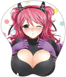 Rule 34 | 1girl, akina tsukako, blush, breast mousepad, breasts, cheria barnes, cleavage, cleavage cutout, clothing cutout, gloves, heart cutout, horns, large breasts, mousepad, mousepad (medium), official alternate costume, one eye closed, pink hair, solo, tales of (series), tales of graces, wince, wink