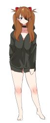Rule 34 | 1girl, absurdres, artist request, bare legs, barefoot, blue eyes, blush, bodysuit, breasts, brown hair, evangelion: 3.0+1.0 thrice upon a time, eyepatch, full body, green jacket, hair ornament, hairpods, hand in pocket, highres, interface headset, jacket, legs, long hair, looking at viewer, medium breasts, naked jacket, neon genesis evangelion, rebuild of evangelion, shiny skin, simple background, solo, souryuu asuka langley, standing, tsundere, two side up, very long hair, white background