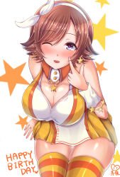 Rule 34 | 10s, 1girl, bare shoulders, blush, breasts, brown hair, character name, cleavage, detached collar, earrings, female focus, finger to cheek, hairband, happy birthday, honda mio, idolmaster, idolmaster cinderella girls, jewelry, large breasts, looking at viewer, one eye closed, open mouth, plump, purple eyes, sakurada mei, short hair, skindentation, smile, solo, star (symbol), star earrings, striped clothes, striped thighhighs, thighhighs