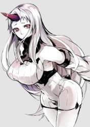 Rule 34 | 10s, 1girl, abyssal ship, arms behind back, atoshi, bad id, bad pixiv id, bare shoulders, breasts, colored skin, detached sleeves, dress, female focus, horns, kantai collection, large breasts, leaning forward, long hair, long sleeves, red eyes, ribbed dress, seaport princess, sideboob, silver background, simple background, single horn, solo, white dress, white hair, white skin